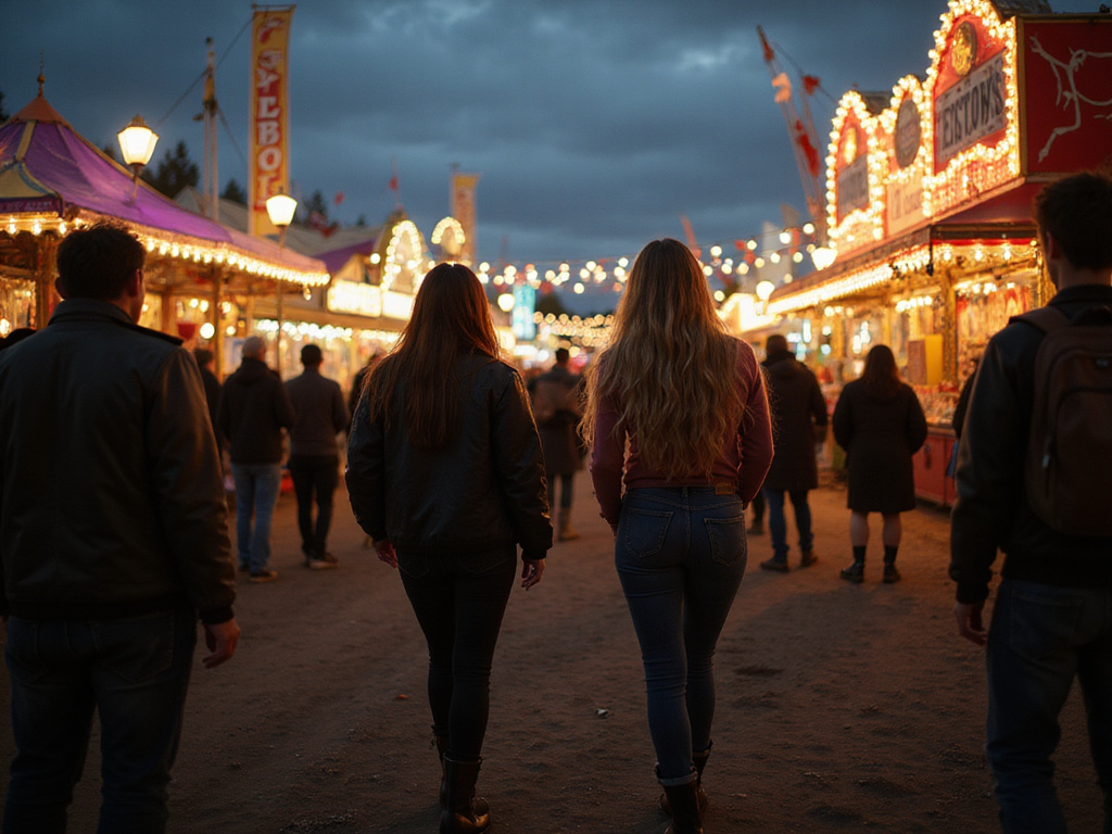 Eerie festival scene with shadowy figures in an English-speaking country