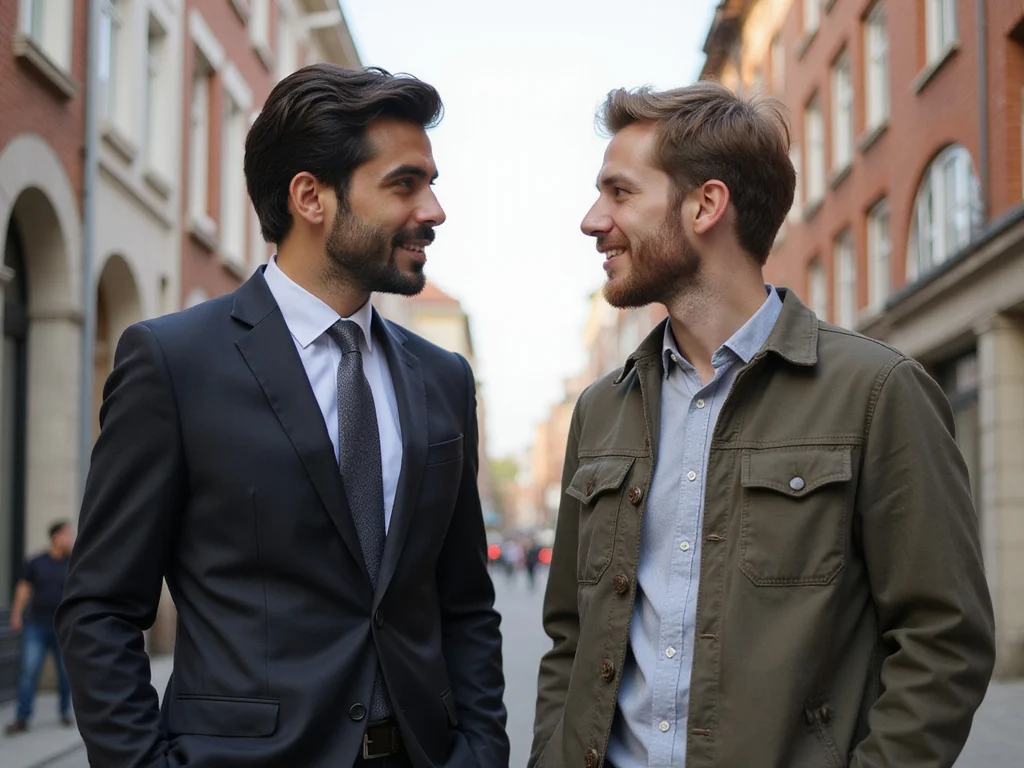 Omar and Omer discussing in a blended Western-Eastern cityscape