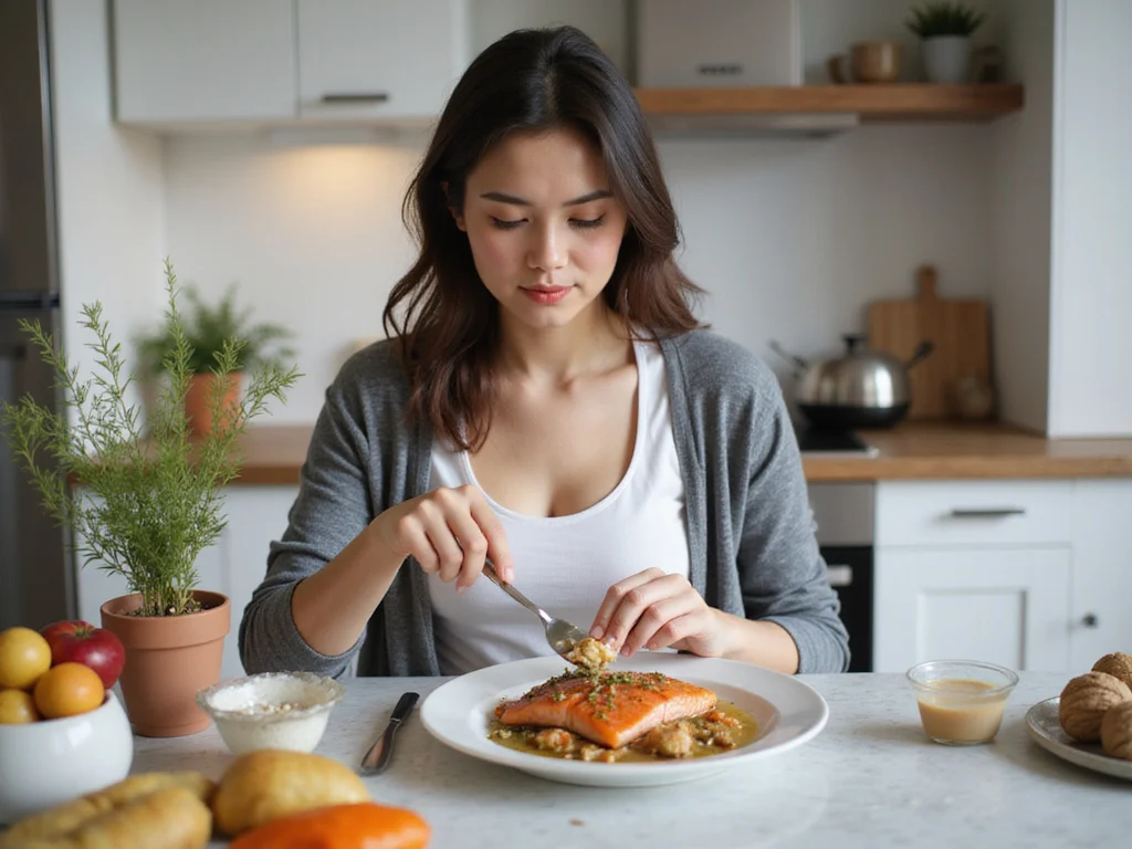 Person preparing omega-3 rich meal with salmon, walnuts and flaxseeds