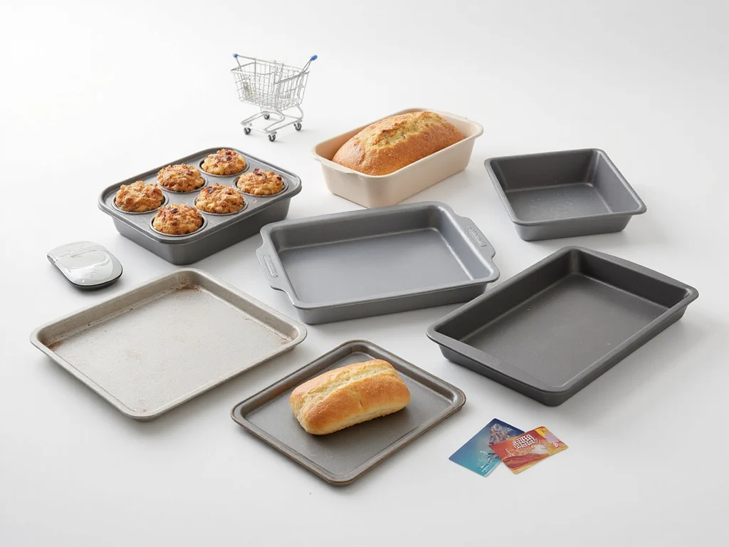 Various oven baking trays with e-commerce symbols for איפה קונים תבניות לתנור.
