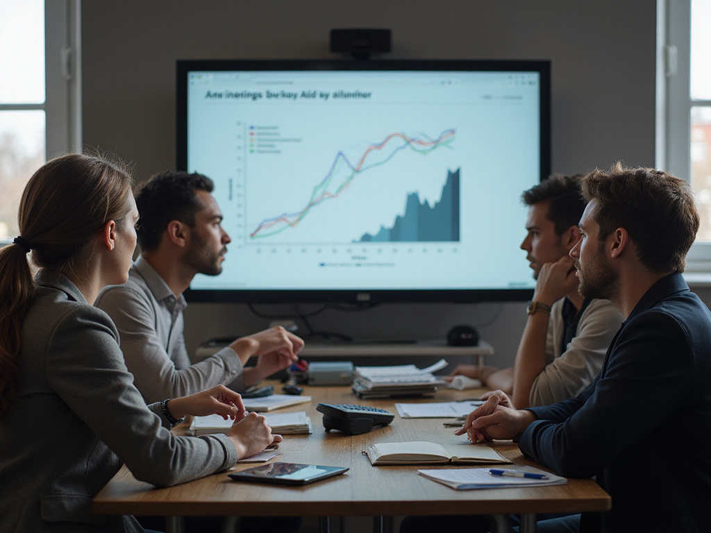 Diverse group discussing how to compute percentages on a large monitor