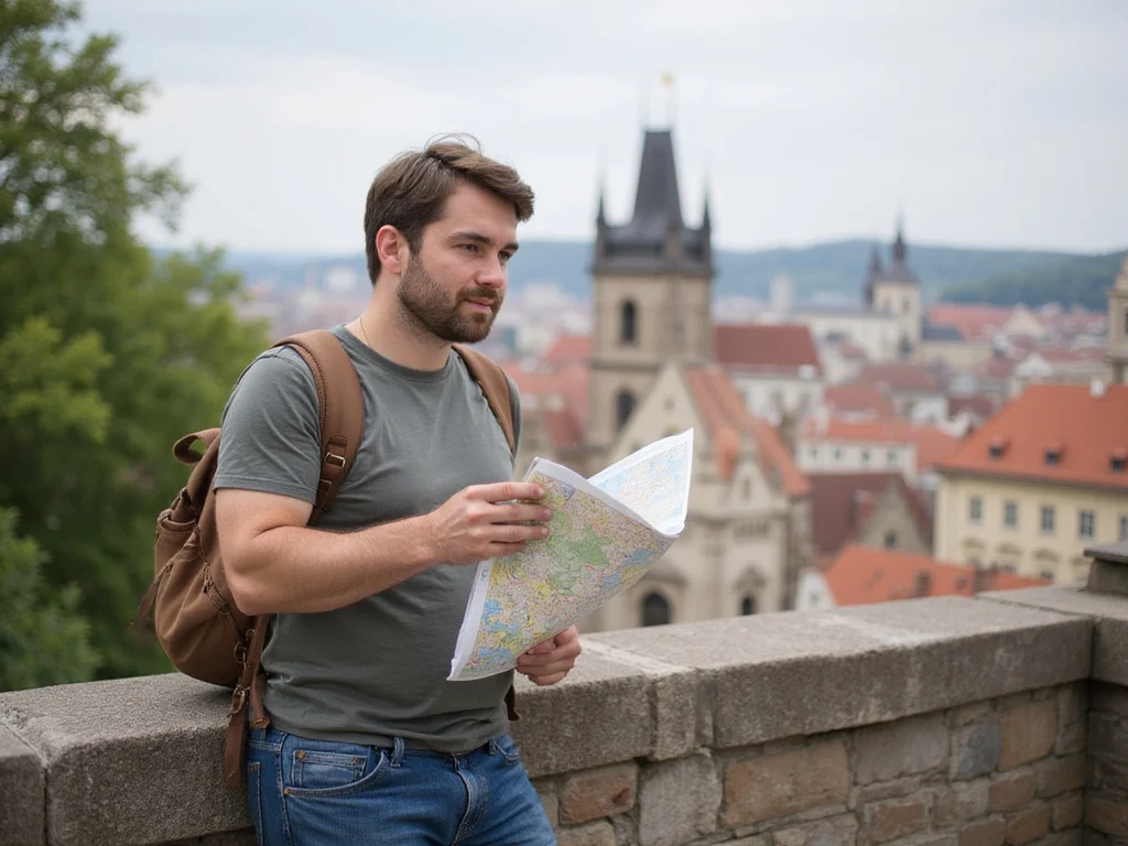 Israeli tourist exploring Prague landmarks with a map