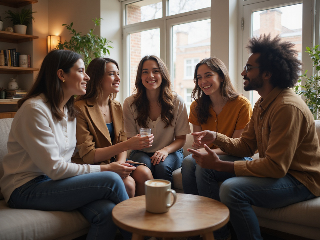 Diverse group discussing מה אתם מעדיפים in a casual setting