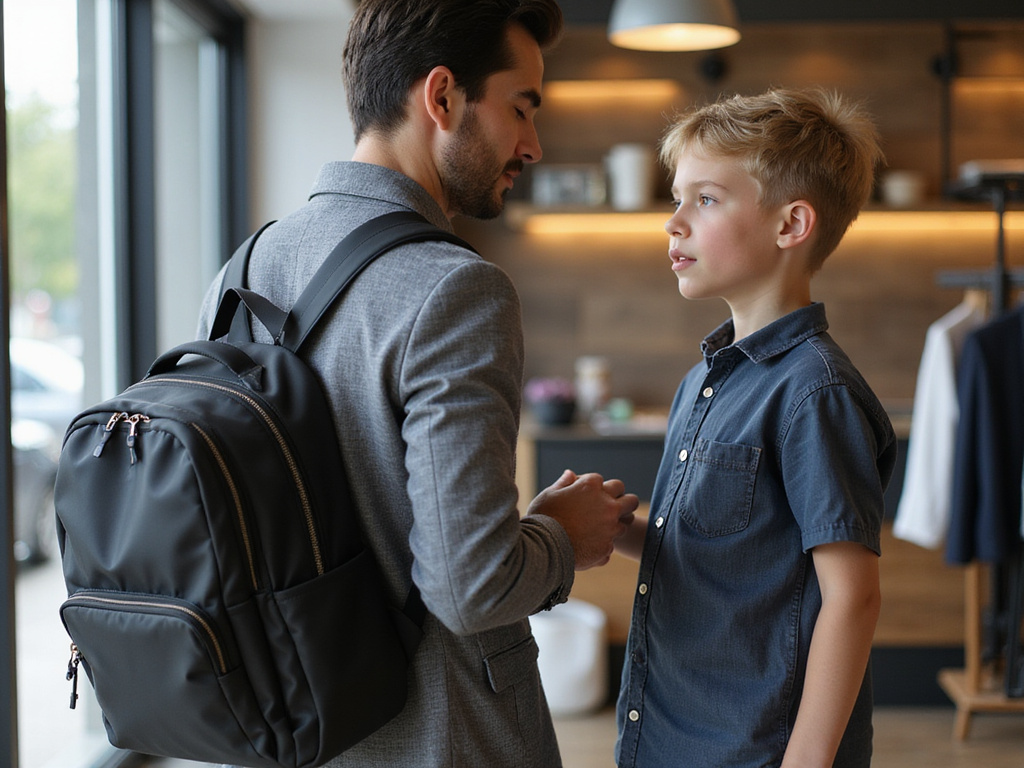 Parent and child examining a high-quality Trolley School Bag