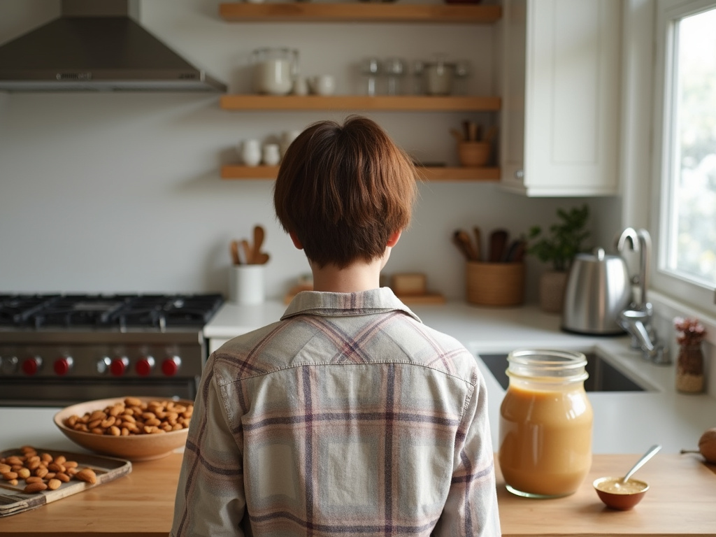 Preparing homemade almond butter in a modern kitchen