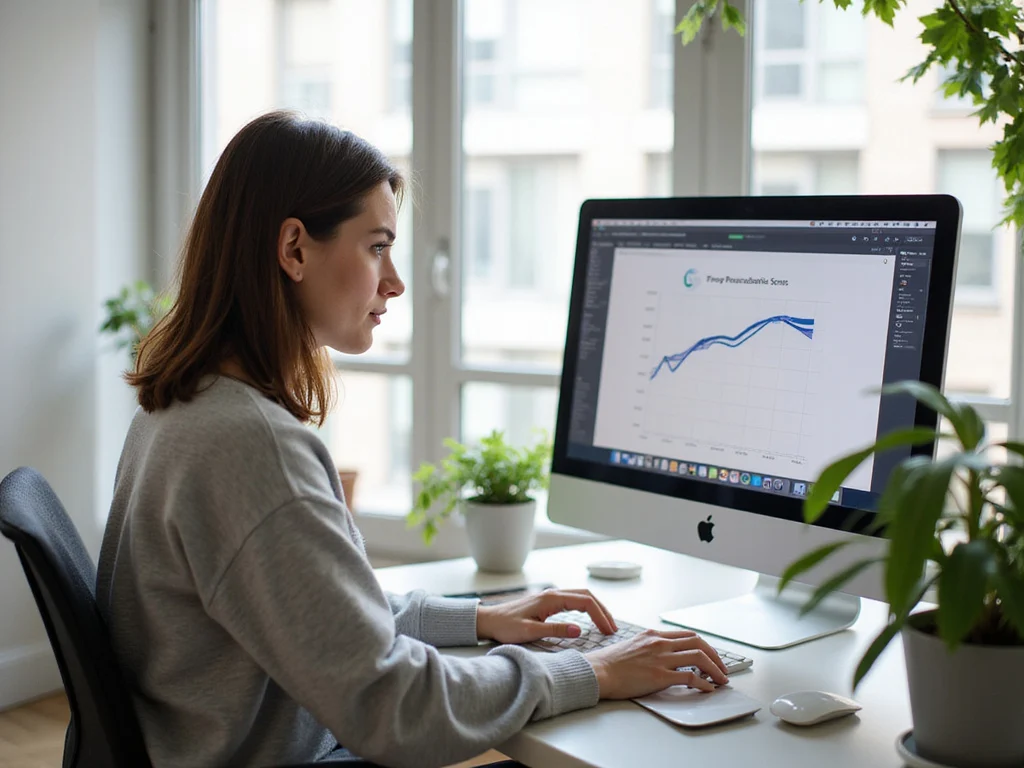 Young woman researching psychometric scores on desktop computer