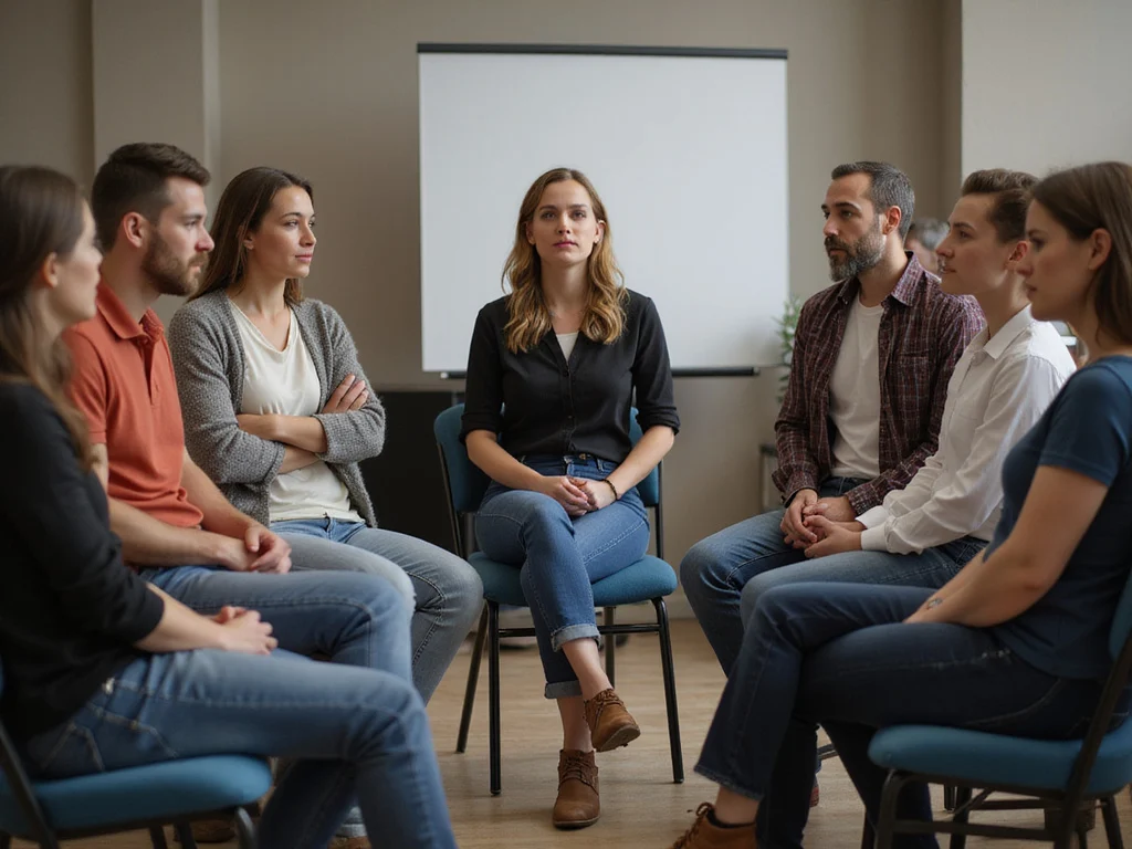 Diverse group discussing Israeli history in a discussion room