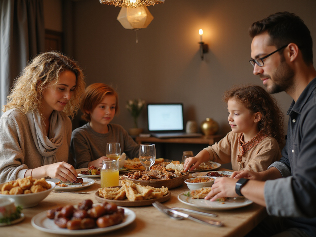 Western family celebrating מתי נגמר הרמדאן 2025 with Middle Eastern dishes