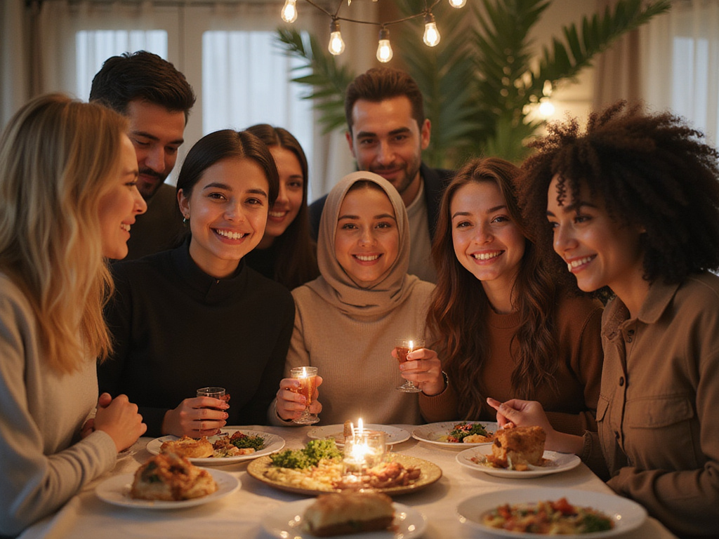 Diverse group celebrating end of Ramadan in a casual setting