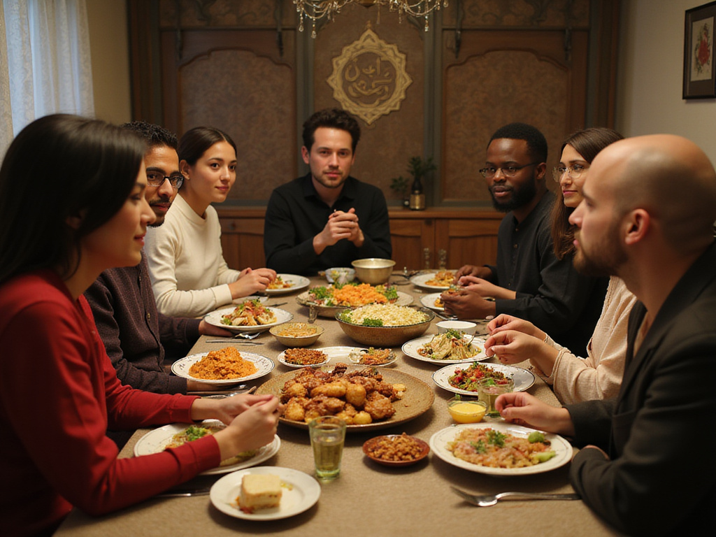 Multicultural group breaking fast at traditional Ramadan table in USA, UK