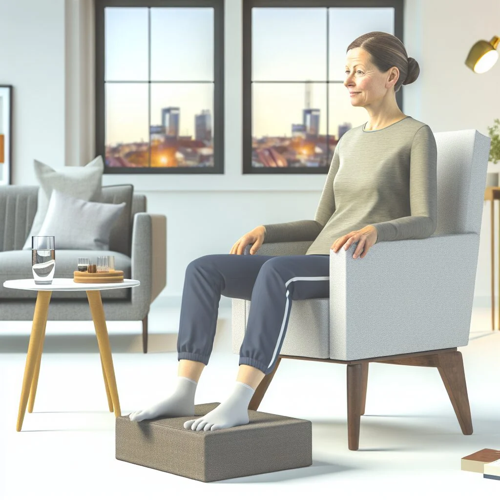 Middle-aged woman in fitness attire with elevated legs reducing swelling