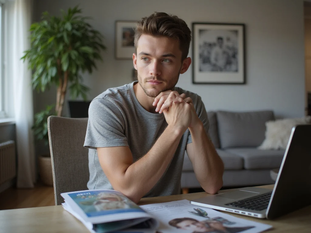 Young man contemplating military service at home office desk