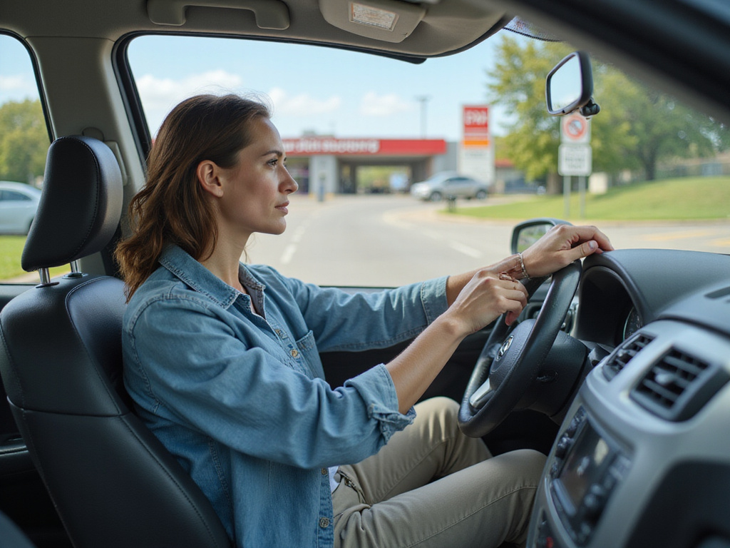 Person exiting gas station safely, following traffic rules
