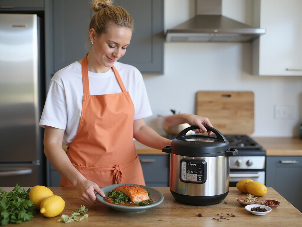 Woman preparing סלמון בנינגה in a modern kitchen with Ninja Foodi