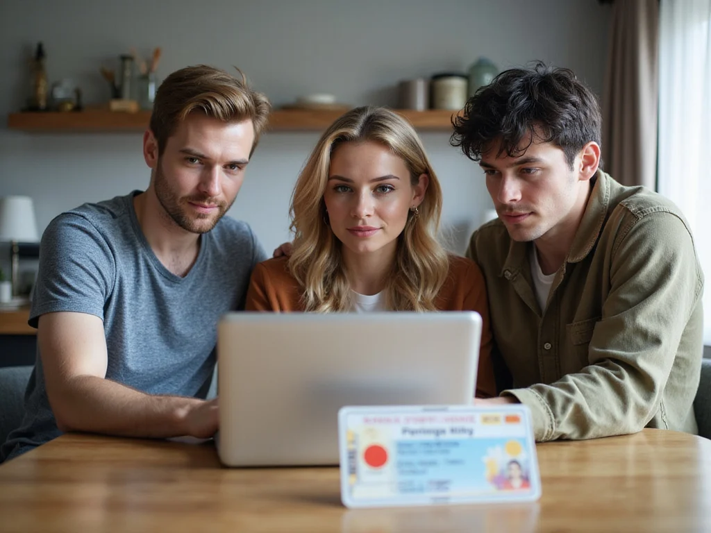 Three people checking איפה רואים תוקף רישיון נהיגה on laptop