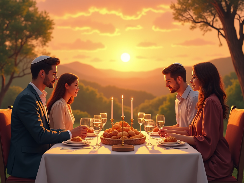 Sunset indicating arrival of Shabbat with family and traditional meal