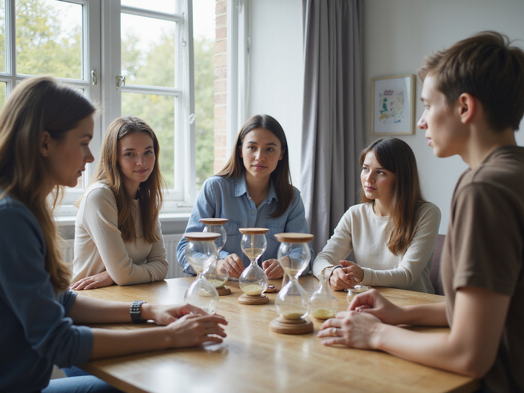 Daylight saving time change discussion with diverse individuals and clocks