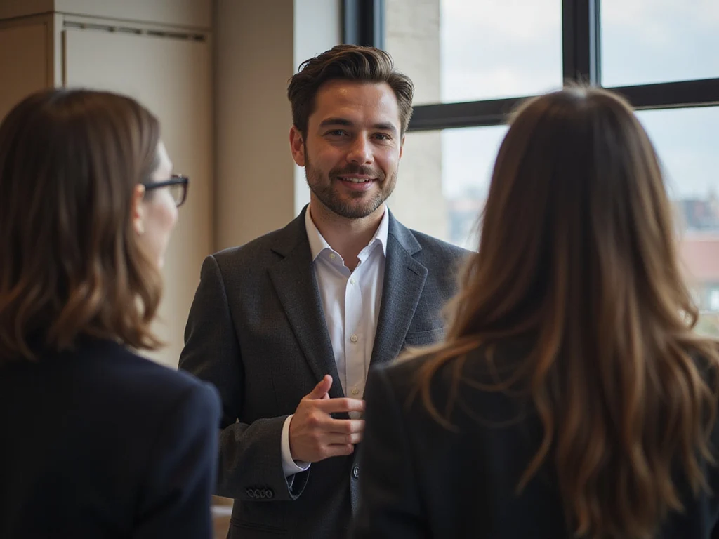 Tal Morad in formal attire engaging with western professionals