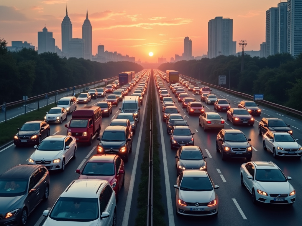 Traffic jam on city highway at sunset with frustrated drivers
