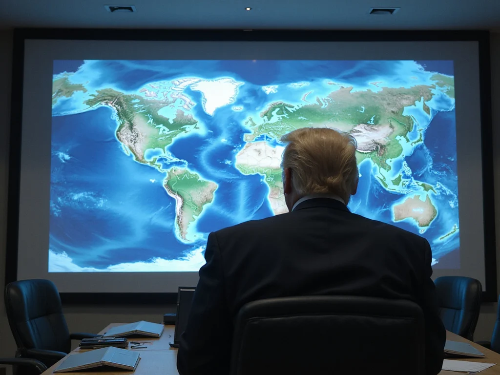 Donald Trump assessing a holographic map projection of Greenland