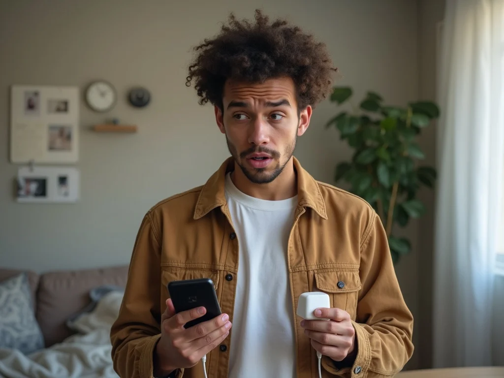 גבר מבולבל עם טלפון שלא נטען בבית