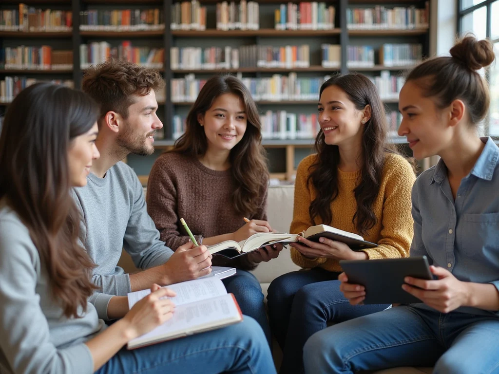 Multicultural group discussing למה דווקא אני מחוון in modern library