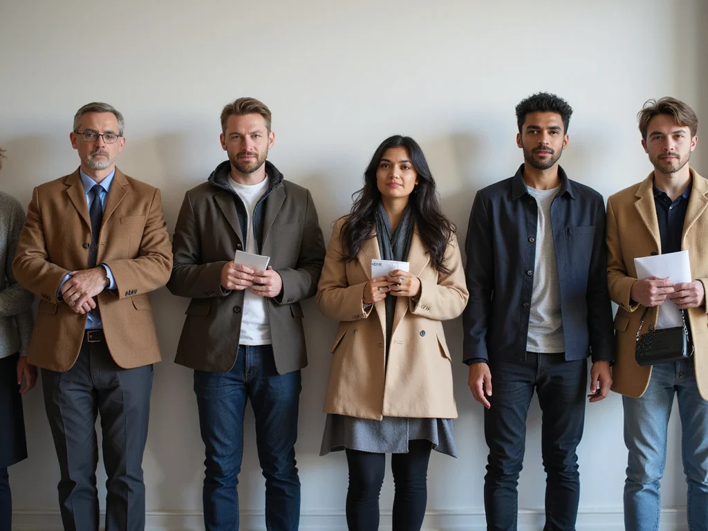 Diverse group waiting in line holding documents for איפה חותמים אבטלה.
