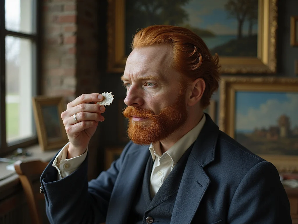 Van Gogh holding bandaged ear in melancholic room filled with his paintings