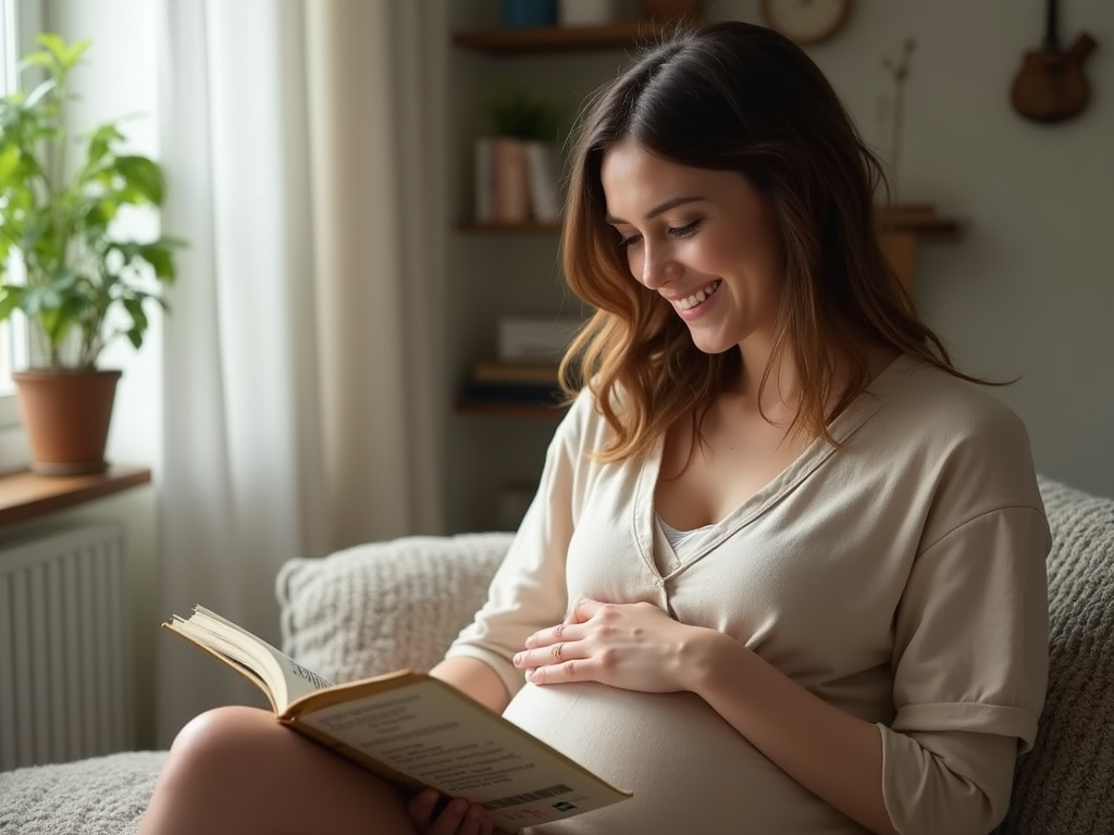 Pregnant woman reading book about forbidden foods in pregnancy