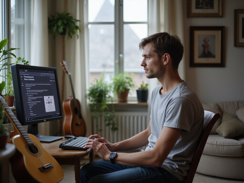 Person learning מה אעשה אקורדים on computer in a living room.