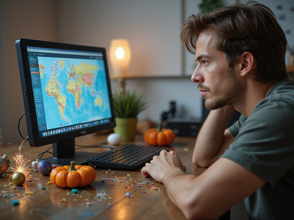 Man researching holiday times globally on laptop with holiday symbols