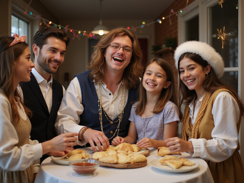 Family preparing מתי מתחפשים בפורים costumes and Hamantaschen pastry