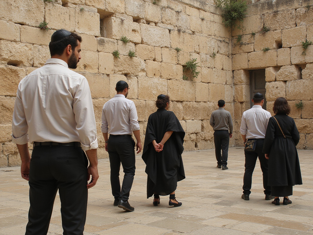 Western Wall scene on Tisha B'Av 2025 with Jewish symbols.
