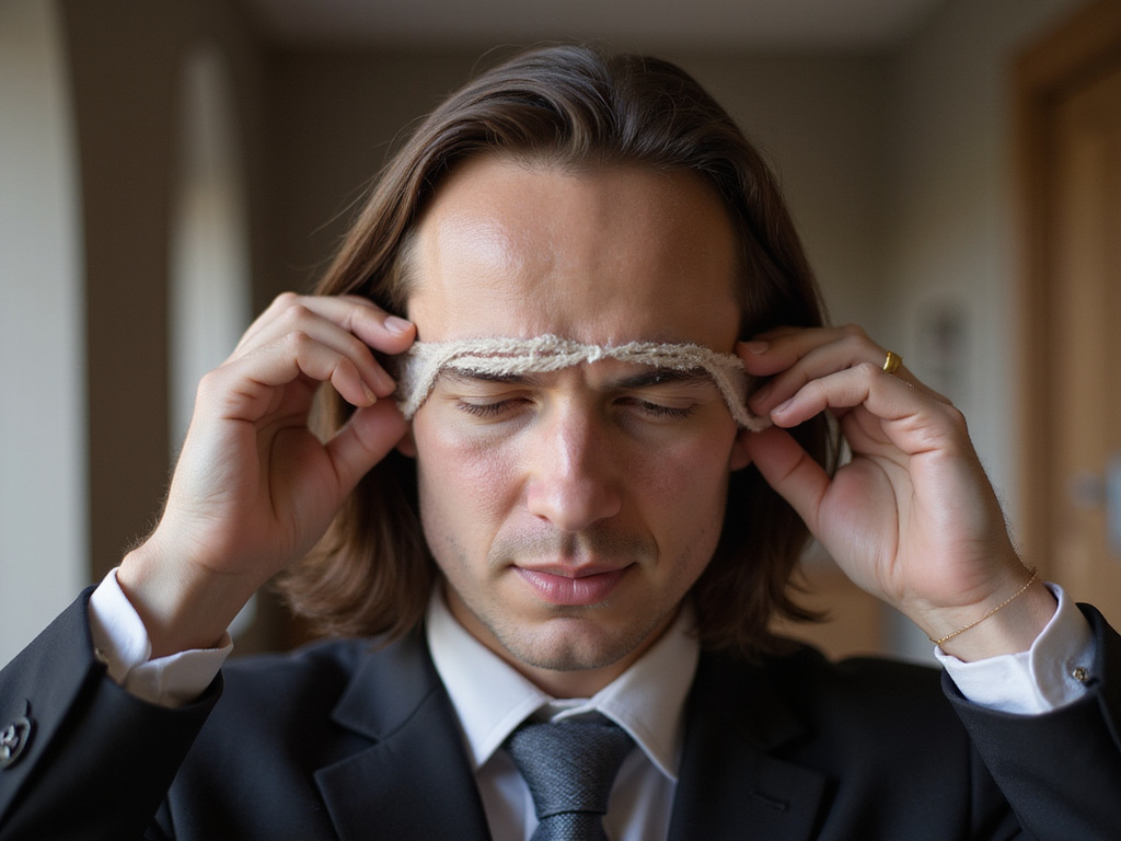 Brown-haired individual respectfully donning Tefillin