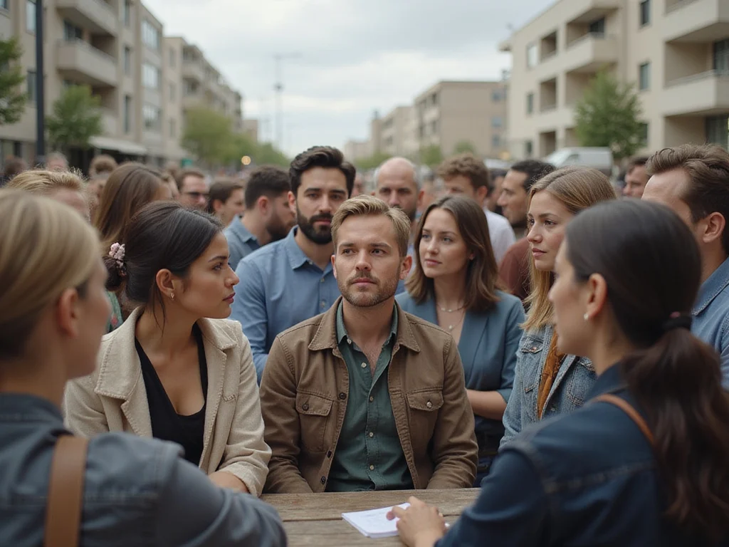 Diverse group discussing 'איפה גר גלעד שליט' in a modern urban setting.