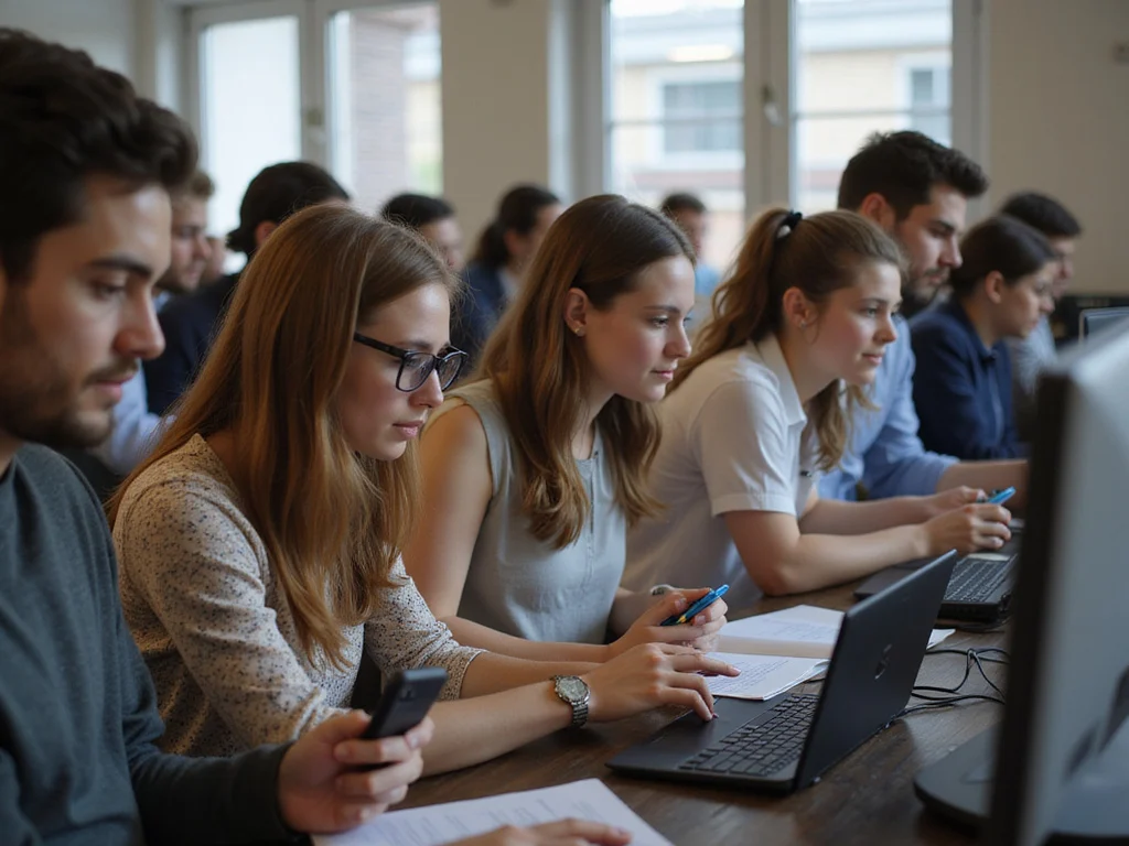 Group of diverse people viewing exam results on various devices