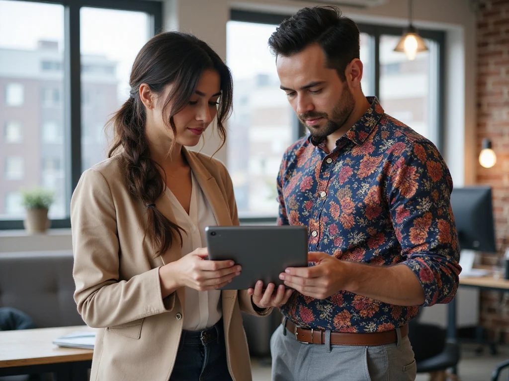 Man and woman discussing איפה בוס אפליקציה in a tech workspace