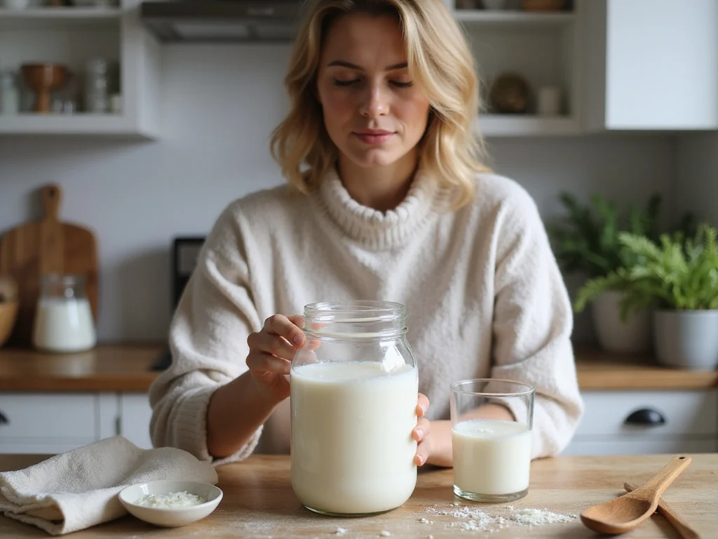 Individual preparing Kefir at home in western kitchen