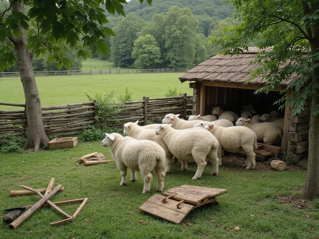Sheep pen in lush landscape ready for wool shearing