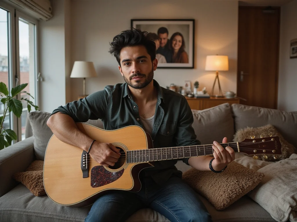 Idan Amedi's urban lifestyle portrait with guitar and family elements