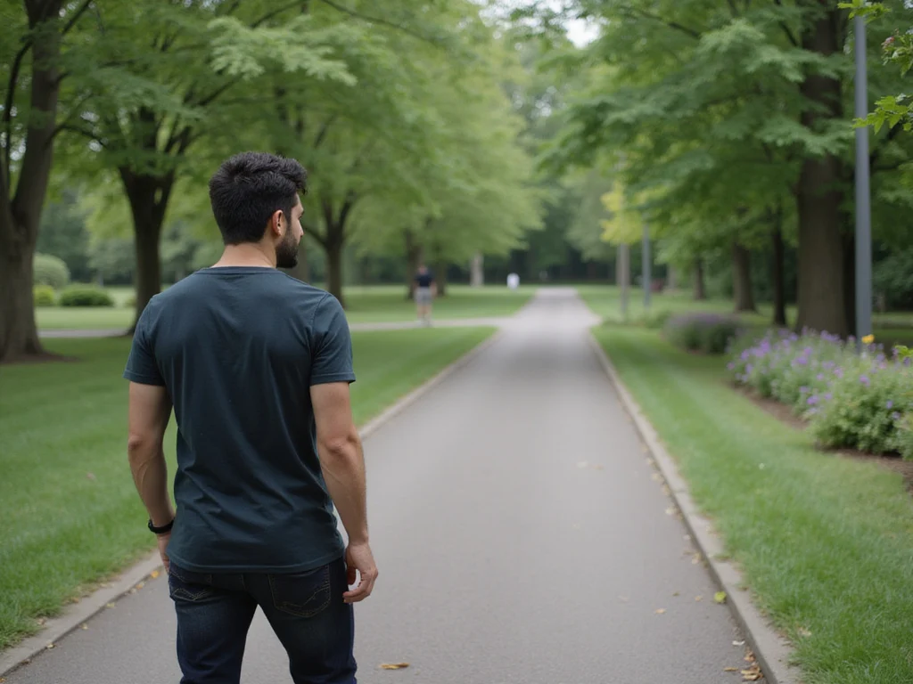 Man pondering at two paths in a park, representing איפה שהוא או איפשהו