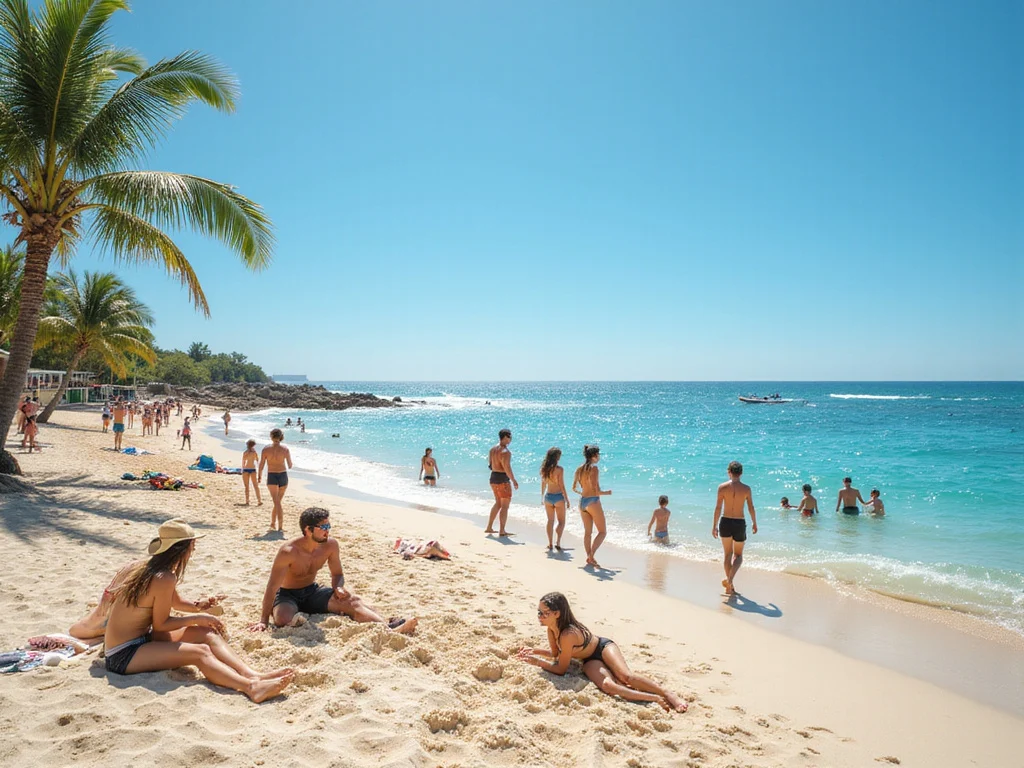 Diverse group enjoying warm beach activities in April