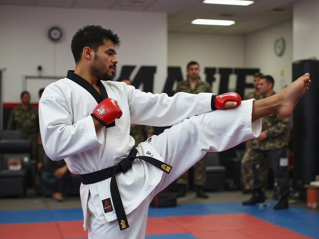 Eden Amadi demonstrating taekwondo with Thai boxing, military training background