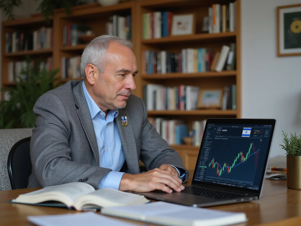 Mature businessman analyzing retirement savings on laptop, subtle Israeli flag pin