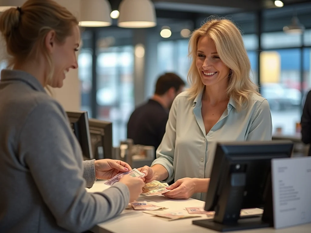 Middle-aged woman purchasing Euros at a foreign currency exchange desk