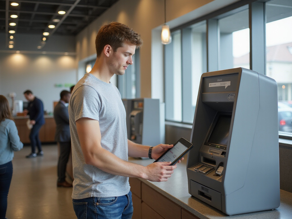 Young person opening bank account in modern environment