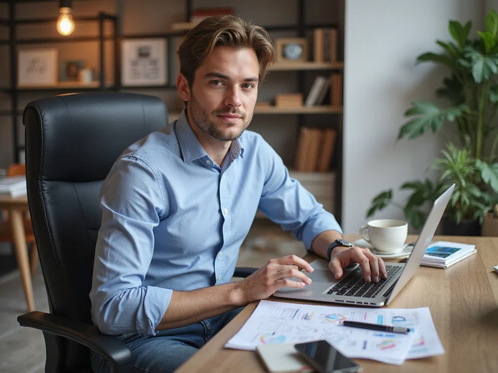 Professional man setting up a free business, איפה פותחים עוסק פטור, at home office.