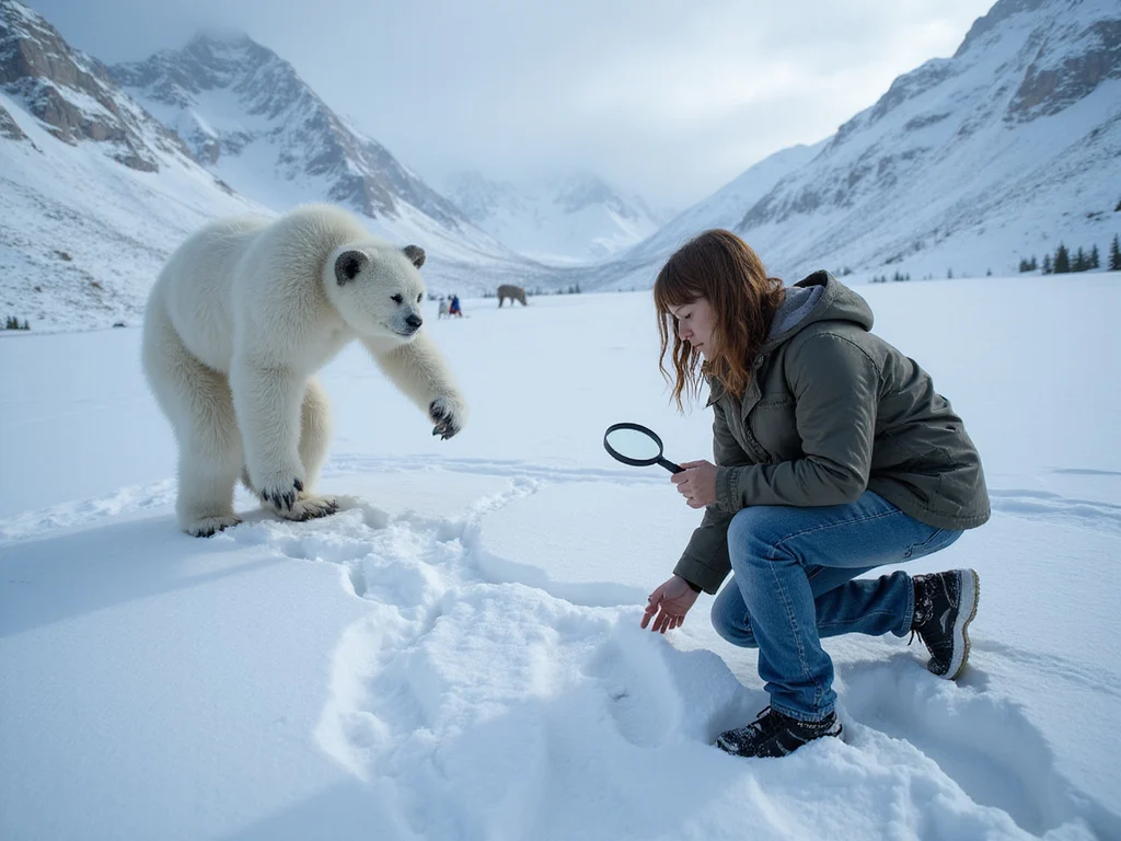 Investigator searching for Yeti in snowy mountain terrain