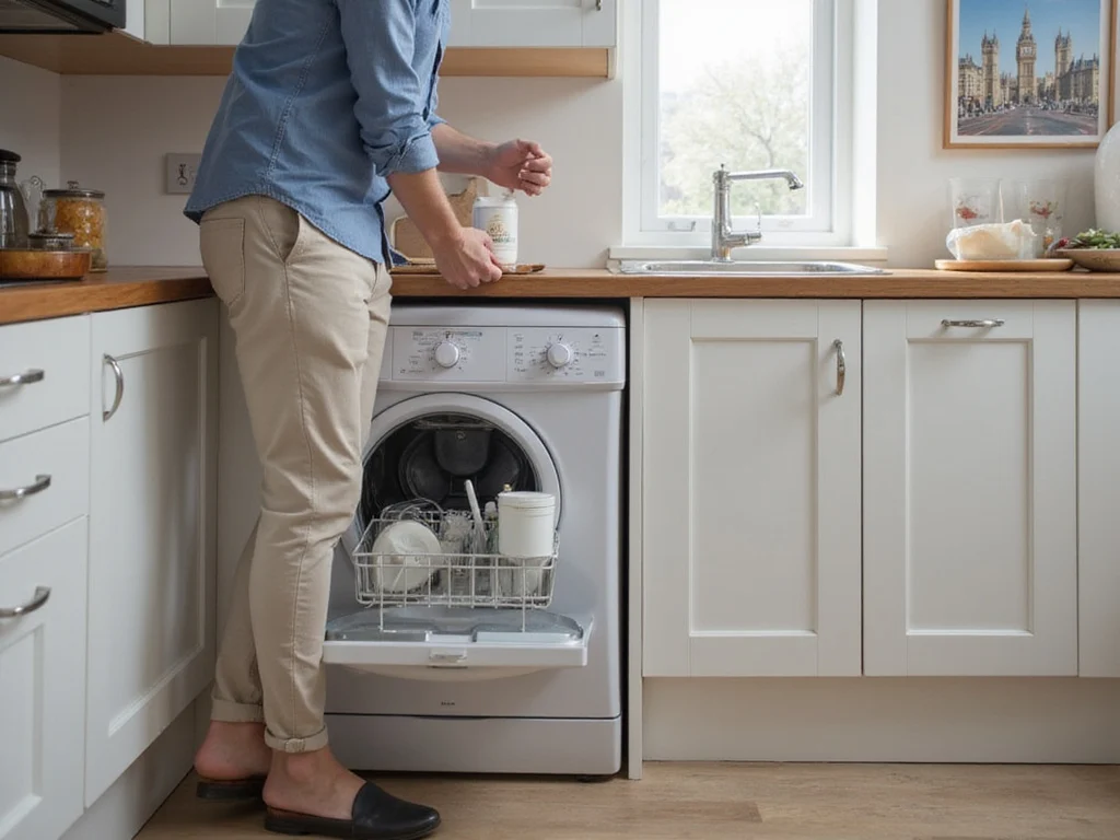 Hand placing dishwasher salt into a Bosch dishwasher in modern kitchen