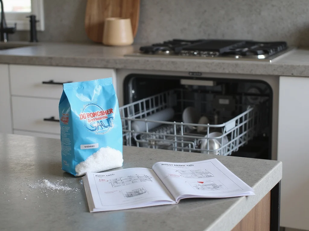 Adding dishwasher salt to high-tech appliance in modern kitchen